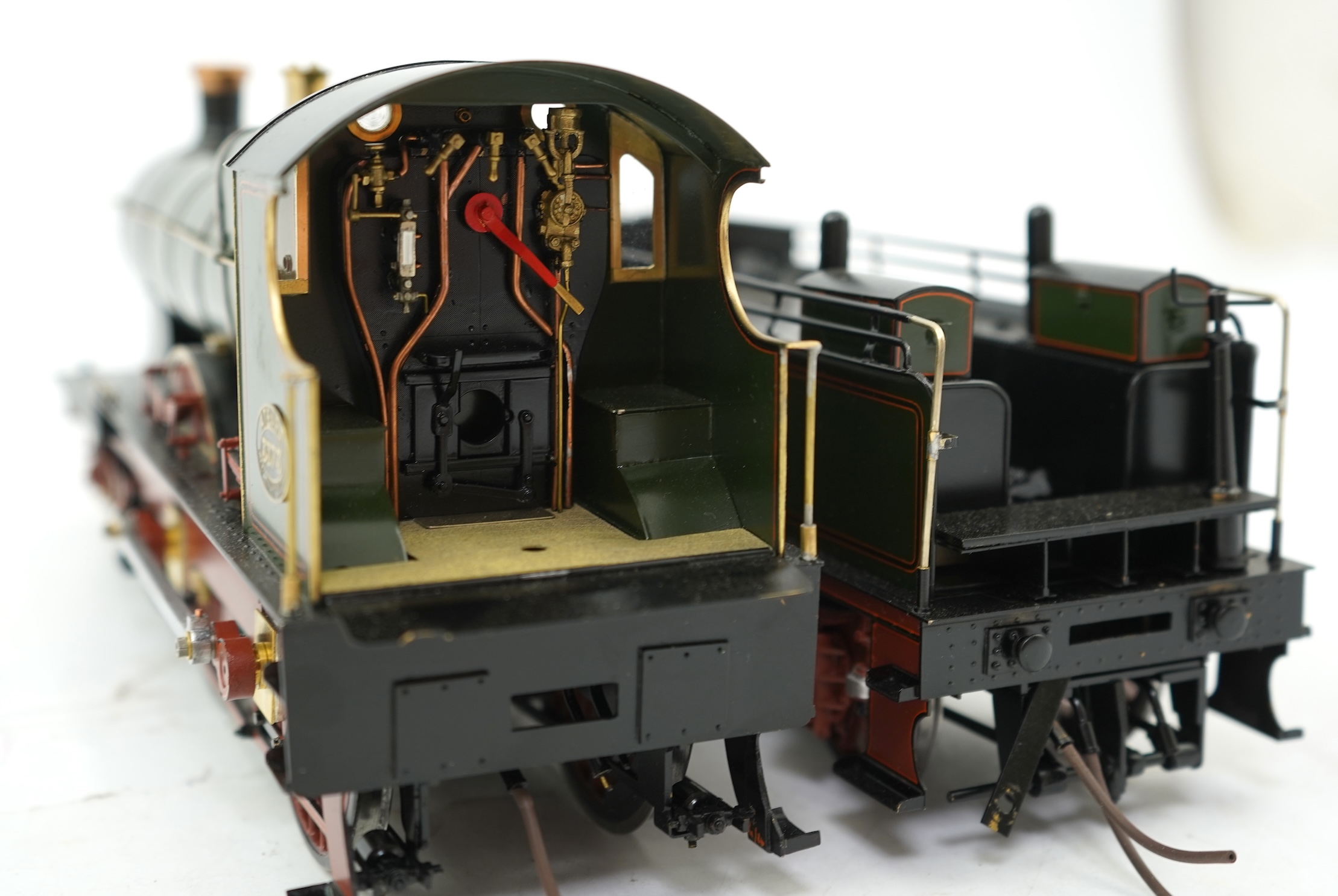 A Gauge One model of GWR Atbara Class, Atbara 3373, 4-4-0 tender locomotive, the model is unpowered, allowing for detailed valve gear and cylinders between the frames.